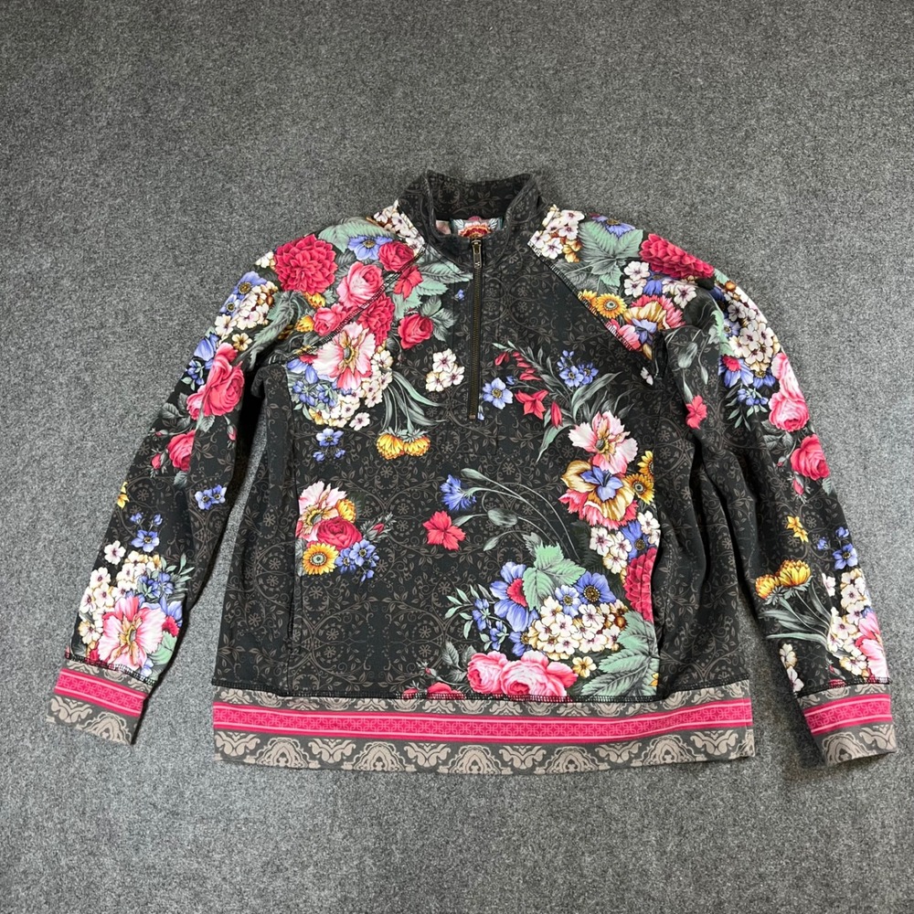 Johnny Was Womens Floral Quarter Zip Pullover Mock Neck Boho Sweatshirt Small
